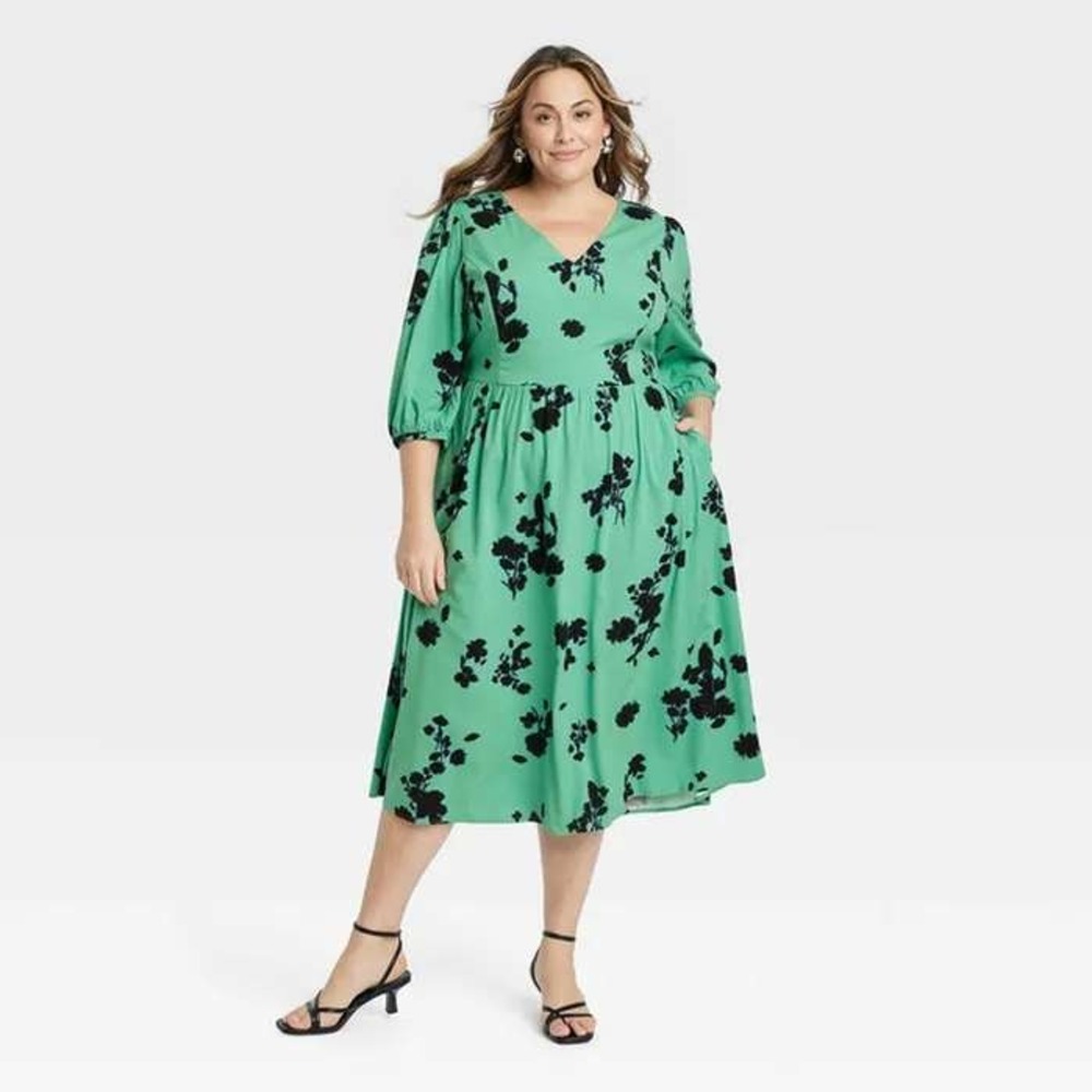 Ava & Viv Floral A Line Midi Dress Womens Sz XXL Green Black 3/4 Balloon Sleeve